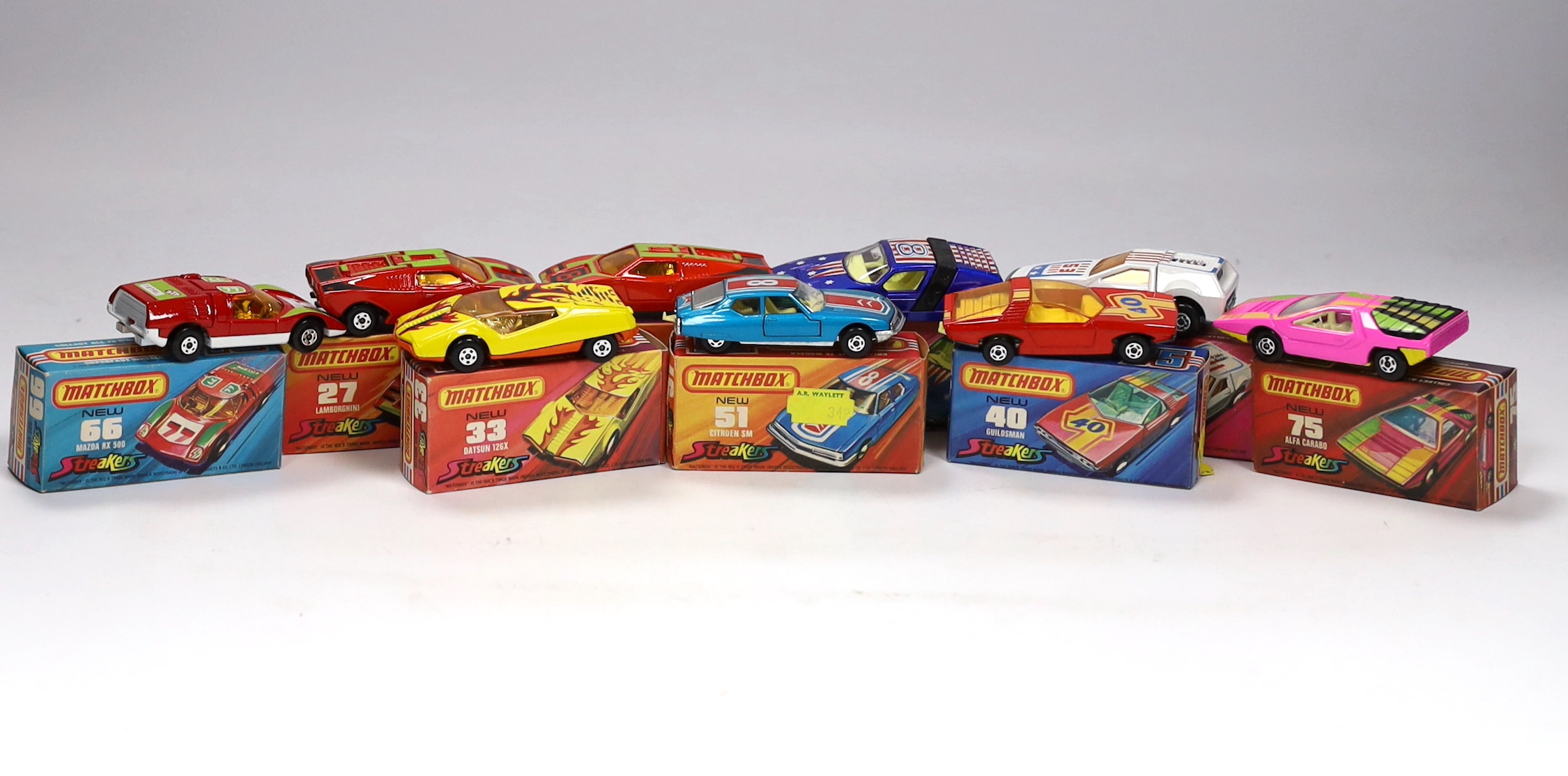 Nine boxed Matchbox Superfast 1-75 New series Streakers issue diecast vehicles